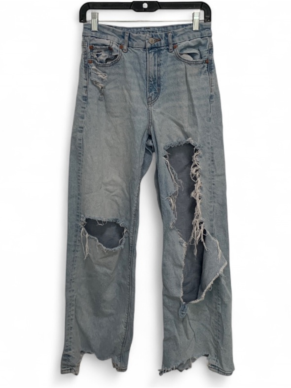 American Eagle Curvy Super High Rise Baggy Straight Blue Ripped Distressed Jeans